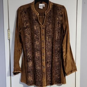 Parsley And Sage Brown Embroidered Button-Up Long Sleeve Shirt- NWOT
